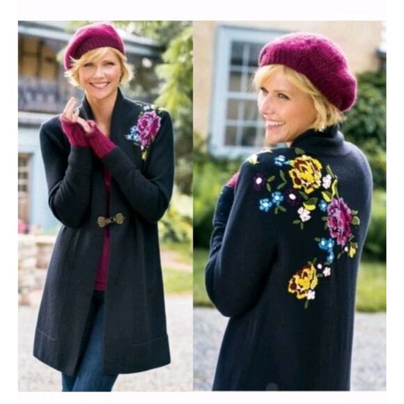 Soft Surroundings Okata Black Embroidered Floral Long Cardigan Sweater, Size XL - Picture 1 of 15